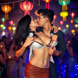 A vibrant Diwali party scene with colorful decorations and lanterns