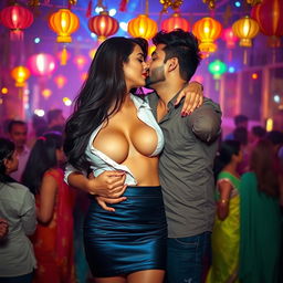 A vibrant Diwali party scene with colorful decorations and lanterns