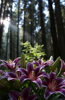 A romantic scene featuring a lush Pacific Northwest forest with tall evergreen trees