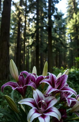 A romantic scene featuring a lush Pacific Northwest forest with tall evergreen trees