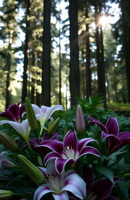 A romantic scene featuring a lush Pacific Northwest forest with tall evergreen trees