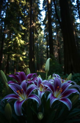 A romantic scene featuring a lush Pacific Northwest forest with tall evergreen trees