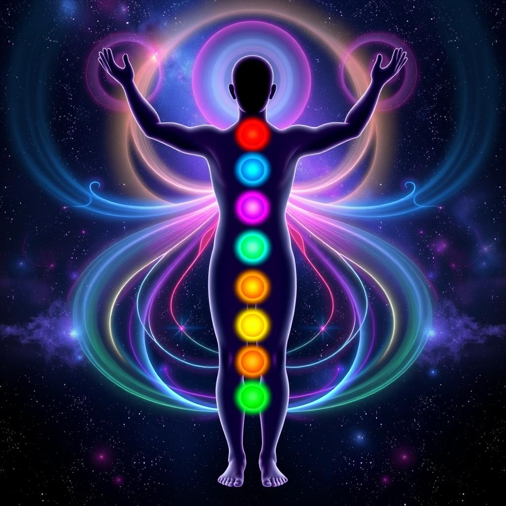 A dynamic and ethereal illustration of the process of seven chakra scanning, featuring a human figure standing upright with their arms raised in a receptive position