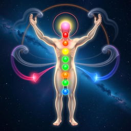 A dynamic and ethereal illustration of the process of seven chakra scanning, featuring a human figure standing upright with their arms raised in a receptive position