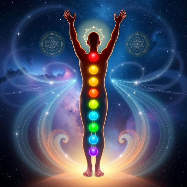 A dynamic and ethereal illustration of the process of seven chakra scanning, featuring a human figure standing upright with their arms raised in a receptive position