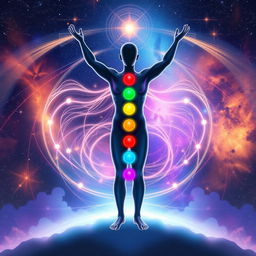 A dynamic and ethereal illustration of the process of seven chakra scanning, featuring a human figure standing upright with their arms raised in a receptive position