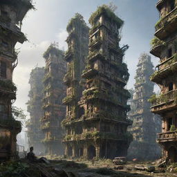 Envision a majestic gaspunk city, 300,000 years in the future. The city's buildings, once mighty, now collapsing ruins overtaken by a thriving, dense ecosystem, marking the harmonious victory of nature over decay.