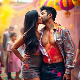 A vibrant Holi celebration scene filled with colorful powders and festive decorations