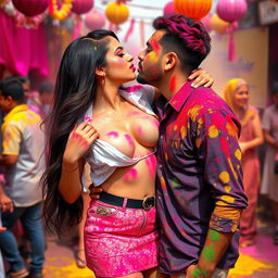 A vibrant Holi celebration scene filled with colorful powders and festive decorations