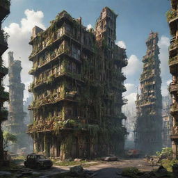 Envision a majestic gaspunk city, 300,000 years in the future. The city's buildings, once mighty, now collapsing ruins overtaken by a thriving, dense ecosystem, marking the harmonious victory of nature over decay.