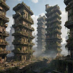 Envision a majestic gaspunk city, 300,000 years in the future. The city's buildings, once mighty, now collapsing ruins overtaken by a thriving, dense ecosystem, marking the harmonious victory of nature over decay.