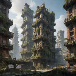 Envision a majestic gaspunk city, 300,000 years in the future. The city's buildings, once mighty, now collapsing ruins overtaken by a thriving, dense ecosystem, marking the harmonious victory of nature over decay.