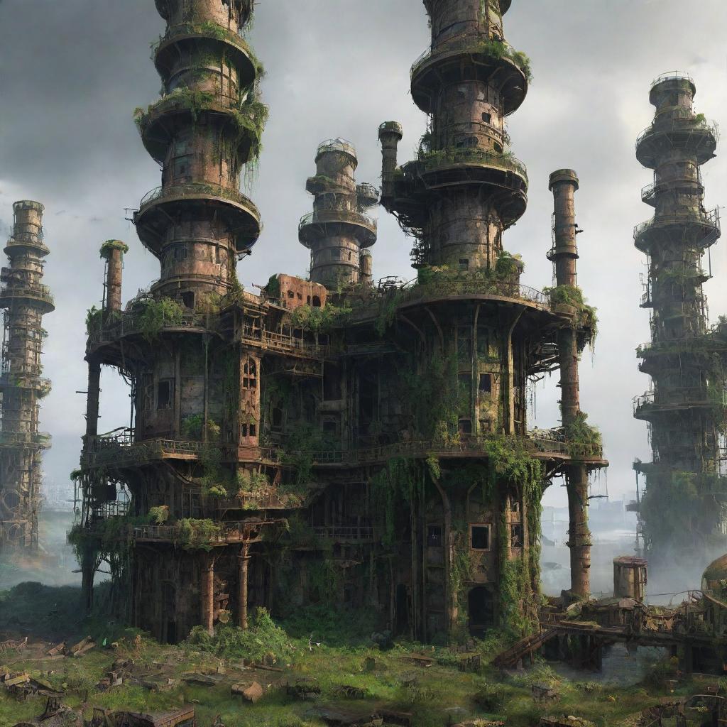 Imagine a majestic oilpunk city, 300,000 years in the future. Once grand buildings now collapsing into ruins as nature firmly takes hold, ringing the ancient oil machinery with greenery, creating a mesmerizing blend of manmade structures and the force of nature.