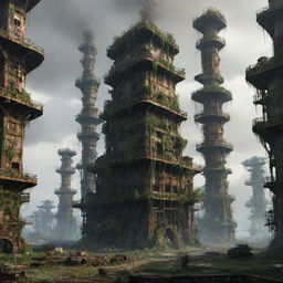 Imagine a majestic oilpunk city, 300,000 years in the future. Once grand buildings now collapsing into ruins as nature firmly takes hold, ringing the ancient oil machinery with greenery, creating a mesmerizing blend of manmade structures and the force of nature.