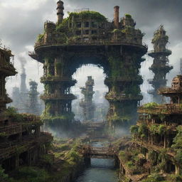 Imagine a majestic oilpunk city, 300,000 years in the future. Once grand buildings now collapsing into ruins as nature firmly takes hold, ringing the ancient oil machinery with greenery, creating a mesmerizing blend of manmade structures and the force of nature.