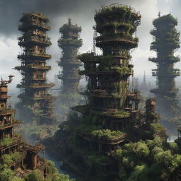 Imagine a majestic oilpunk city, 300,000 years in the future. Once grand buildings now collapsing into ruins as nature firmly takes hold, ringing the ancient oil machinery with greenery, creating a mesmerizing blend of manmade structures and the force of nature.