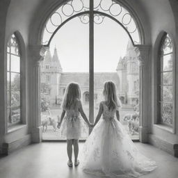 down syndrome fairy barbie ,staring from the inside of this big Palace ,through a big window, outside the window she see big lions, colouring page, black and white, two dimensional