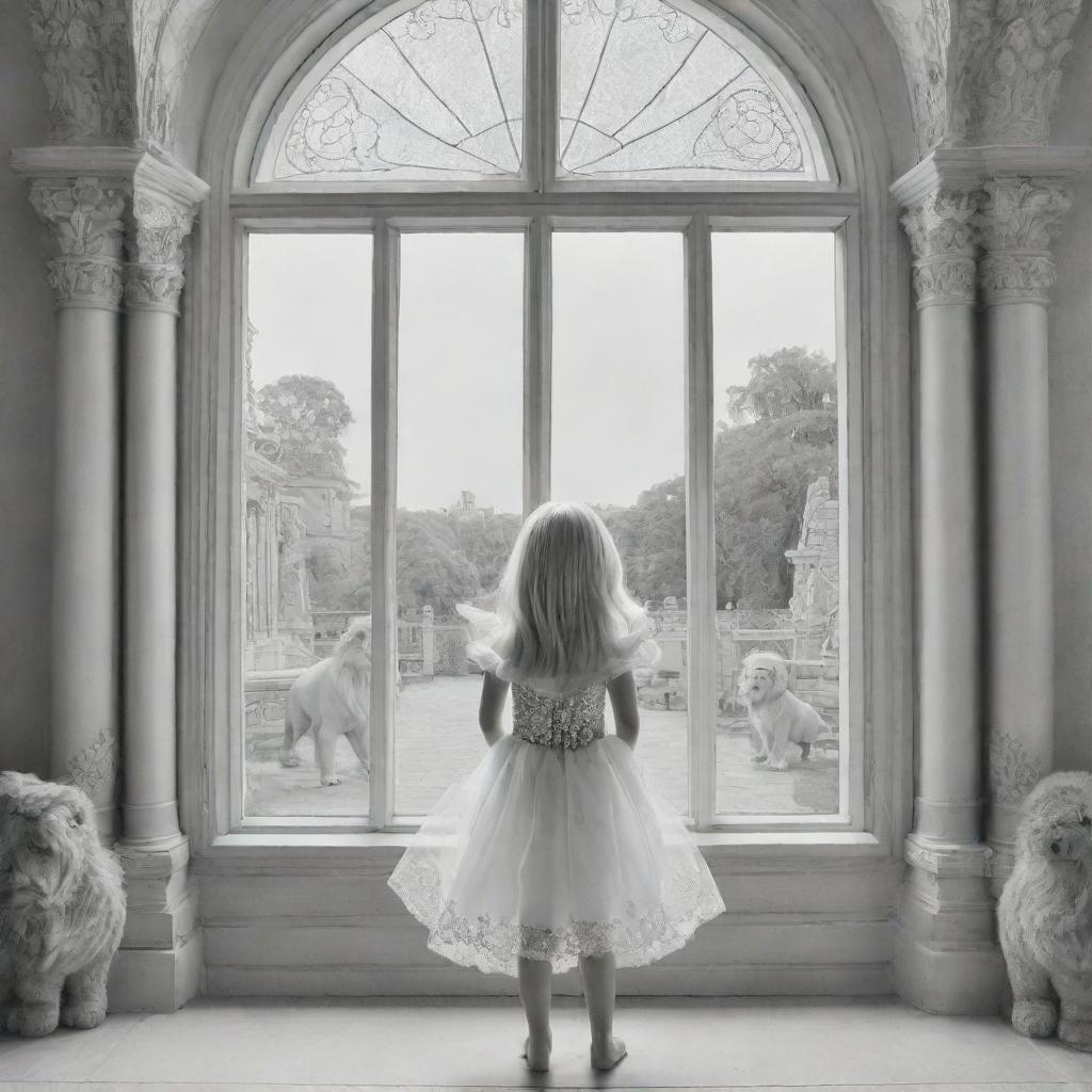 down syndrome fairy barbie ,staring from the inside of this big Palace ,through a big window, outside the window she see big lions, colouring page, black and white, two dimensional