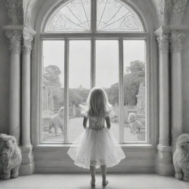 down syndrome fairy barbie ,staring from the inside of this big Palace ,through a big window, outside the window she see big lions, colouring page, black and white, two dimensional