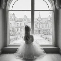 down syndrome fairy barbie ,staring from the inside of this big Palace ,through a big window, outside the window she see big lions, colouring page, black and white, two dimensional