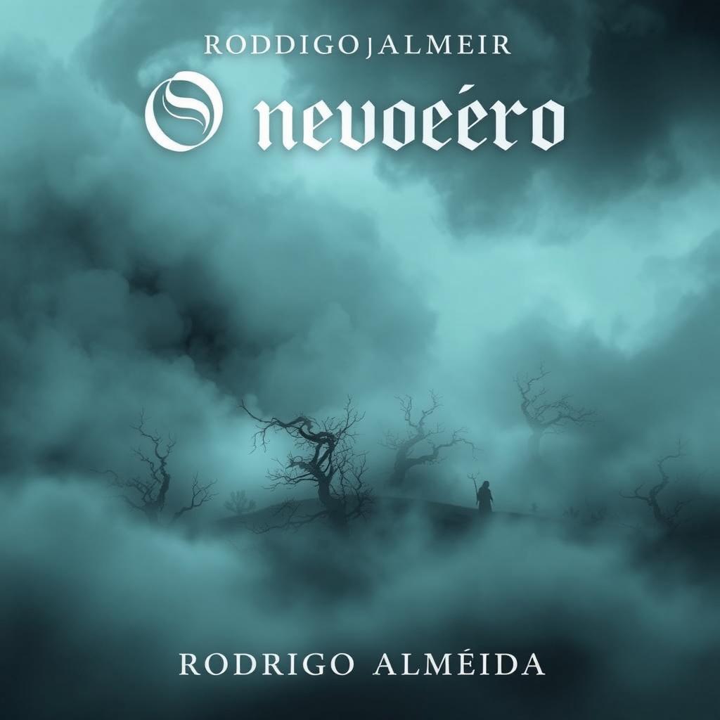 A spooky and mesmerizing book cover for 'O nevoeiro' by Rodrigo Almeida, featuring an ominous, swirling fog that envelops a mysterious landscape