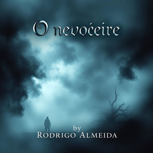 A spooky and mesmerizing book cover for 'O nevoeiro' by Rodrigo Almeida, featuring an ominous, swirling fog that envelops a mysterious landscape