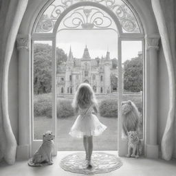 down syndrome fairy barbie ,staring from the inside of this big Palace ,through a big window, outside the window she see big lions, colouring page, black and white, two dimensional