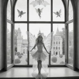 cartoon down syndrome fairy barbie with wings ,staring from the inside of this big Palace ,through a big window, outside the window she see big lions, colouring page, black and white, two dimensional