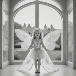 cartoon down syndrome fairy barbie with wings ,staring from the inside of this big Palace ,through a big window, outside the window she see big lions, colouring page, black and white, two dimensional