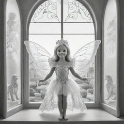 cartoon down syndrome fairy barbie with wings ,staring from the inside of this big Palace ,through a big window, outside the window she see big lions, colouring page, black and white, two dimensional