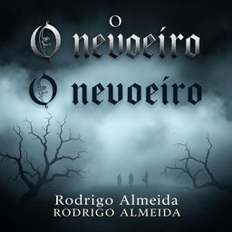 A chilling and atmospheric book cover for 'O nevoeiro' by Rodrigo Almeida, featuring an eerie fog that billows across a dark, mysterious landscape