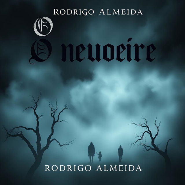 A chilling and atmospheric book cover for 'O nevoeiro' by Rodrigo Almeida, featuring an eerie fog that billows across a dark, mysterious landscape