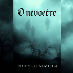 A chilling and atmospheric book cover for 'O nevoeiro' by Rodrigo Almeida, featuring an eerie fog that billows across a dark, mysterious landscape