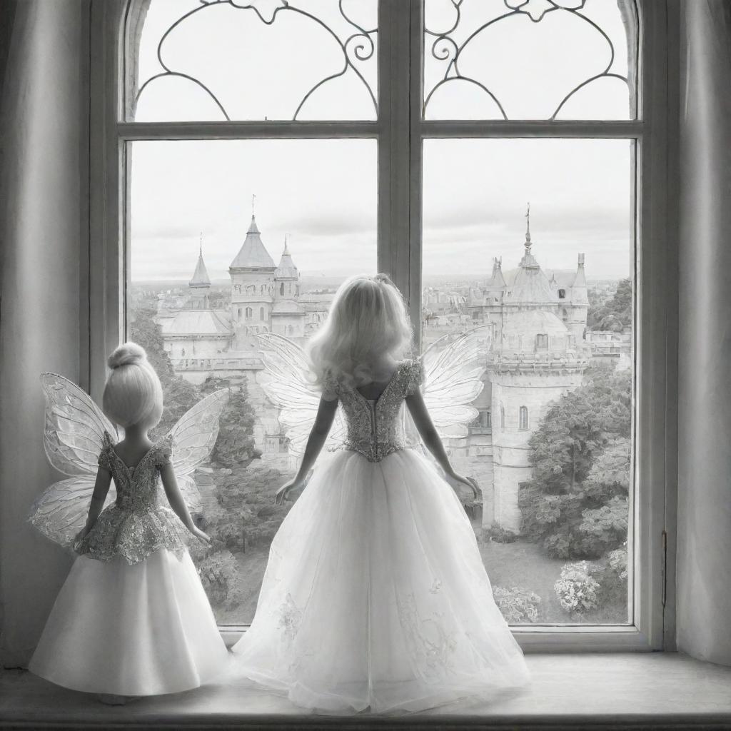 cartoon down syndrome fairy barbie with wings ,staring from the inside of this big Palace ,through a big window, outside the window she see big lions, colouring page, black and white, two dimensional