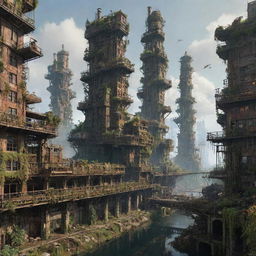 Visualize a majestic factorypunk city, 300,000 years into the future. Its elaborate industrial structures crumble, while the lush force of nature engulfs the ruins, hinting at the delicate balance between industrial advancement and nature's resilience.