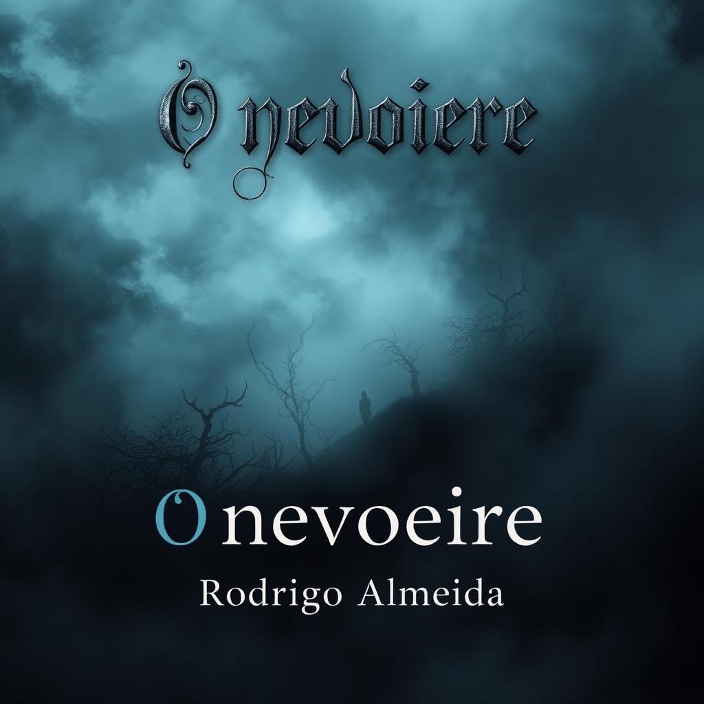 A haunting and enigmatic book cover for 'O nevoeiro' by Rodrigo Almeida, depicting a dense, swirling fog that envelops a dark, foreboding landscape