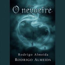 A haunting and enigmatic book cover for 'O nevoeiro' by Rodrigo Almeida, depicting a dense, swirling fog that envelops a dark, foreboding landscape