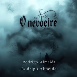 A haunting and enigmatic book cover for 'O nevoeiro' by Rodrigo Almeida, depicting a dense, swirling fog that envelops a dark, foreboding landscape