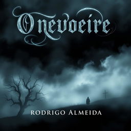 A haunting and enigmatic book cover for 'O nevoeiro' by Rodrigo Almeida, depicting a dense, swirling fog that envelops a dark, foreboding landscape