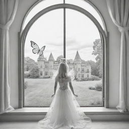 cartoon down syndrome fairy barbie with wings ,staring from the inside of this big Palace ,through a big window, outside the window she see big lions, giraffes and buffalo's , colouring page, black and white, two dimensional