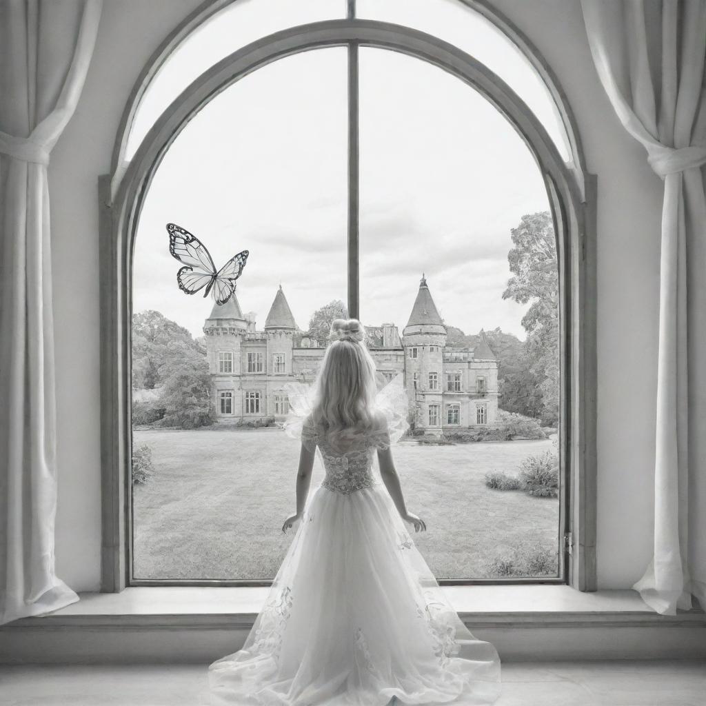 cartoon down syndrome fairy barbie with wings ,staring from the inside of this big Palace ,through a big window, outside the window she see big lions, giraffes and buffalo's , colouring page, black and white, two dimensional
