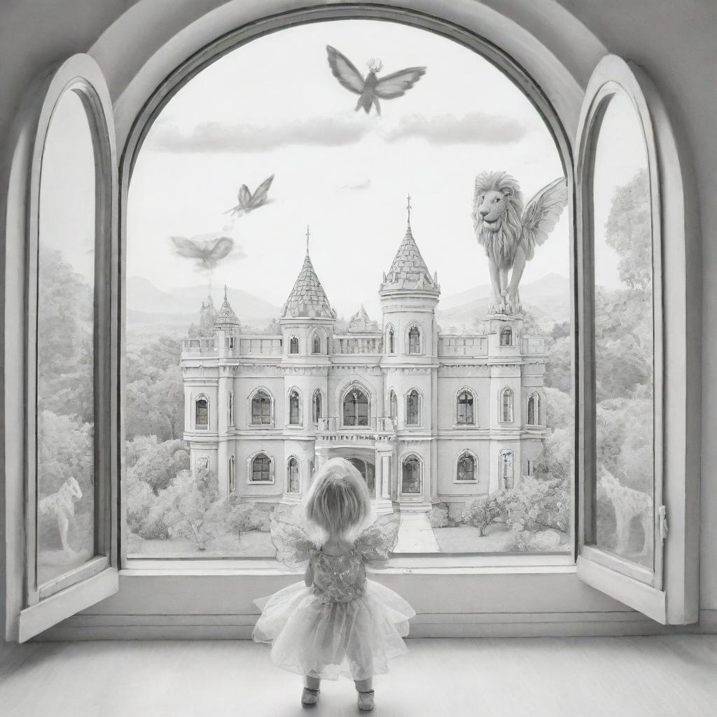 cartoon down syndrome fairy barbie with wings ,staring from the inside of this big Palace ,through a big window, outside the window she see big lions, giraffes and buffalo's , colouring page, black and white, two dimensional