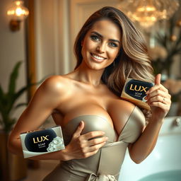 A stunningly beautiful woman with large breasts of Dutch descent promoting Lux soap