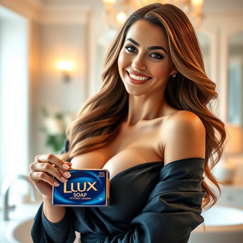 A stunningly beautiful woman with large breasts of Dutch descent promoting Lux soap