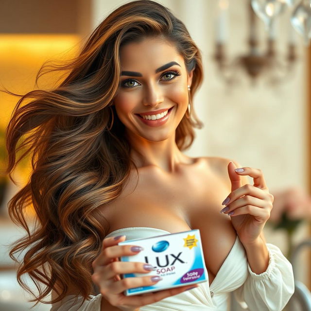 A stunningly beautiful woman with large breasts of Dutch descent promoting Lux soap