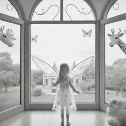 cartoon down syndrome fairy barbie with wings ,staring from the inside of this big Palace ,through a big window, outside the window she see big lions, giraffes and buffalo's , colouring page, black and white, two dimensional