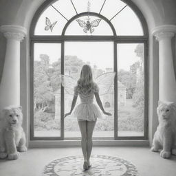 cartoon down syndrome fairy barbie with wings ,staring from the inside of this big Palace ,through a big window, outside the window she see big lions, giraffes and buffalo's , colouring page, black and white, two dimensional