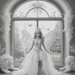 cartoon down syndrome fairy barbie dressed leaves and with wings ,staring from the inside of this big Palace ,through a big window, outside the window she see big lions, giraffes and buffalo's , colouring page, black and white, two dimensional