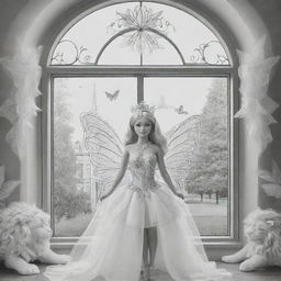 cartoon down syndrome fairy barbie dressed leaves and with wings ,staring from the inside of this big Palace ,through a big window, outside the window she see big lions, giraffes and buffalo's , colouring page, black and white, two dimensional