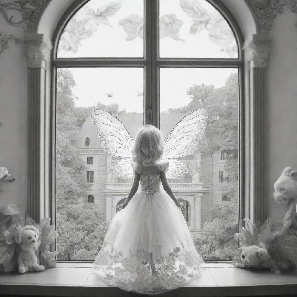 cartoon down syndrome fairy barbie dressed leaves and with wings ,staring from the inside of this big Palace ,through a big window, outside the window she see big lions, giraffes and buffalo's , colouring page, black and white, two dimensional